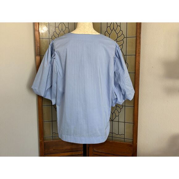Chico's No Iron Stretch Blue Shadow Stripe Top Balloon Sleeves Size 14 - Picture 4 of 15